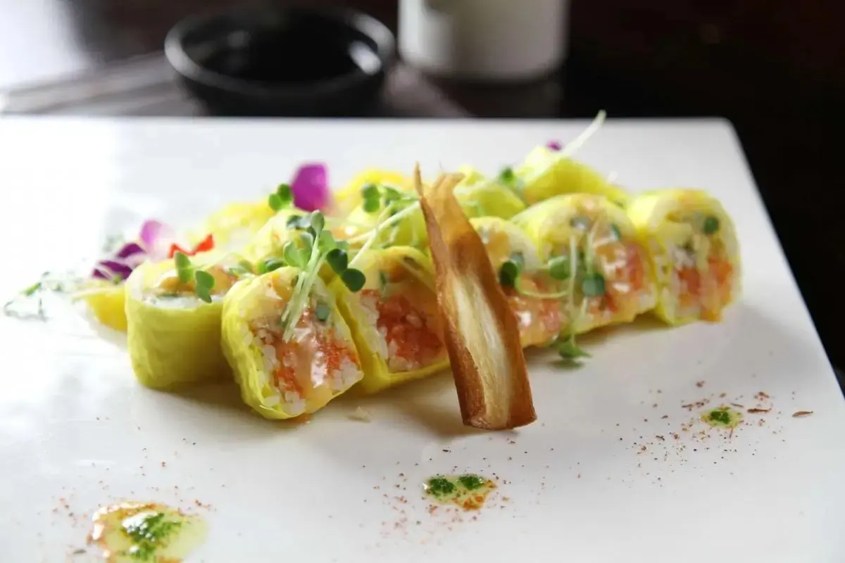Oriental-Palace-Chinese-Restaurant-Golden-Mango-Castaic Mango-wrapped sushi roll with microgreens, at Oriental Palace, a Asian Restaurant in Lawnside